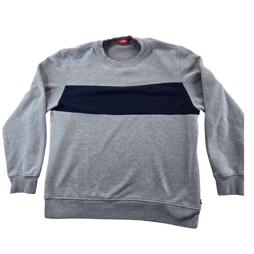 IZOD Sweatshirt Mens Large Gray Navy Blue Stripe Crewneck Pullover Fleece Lined